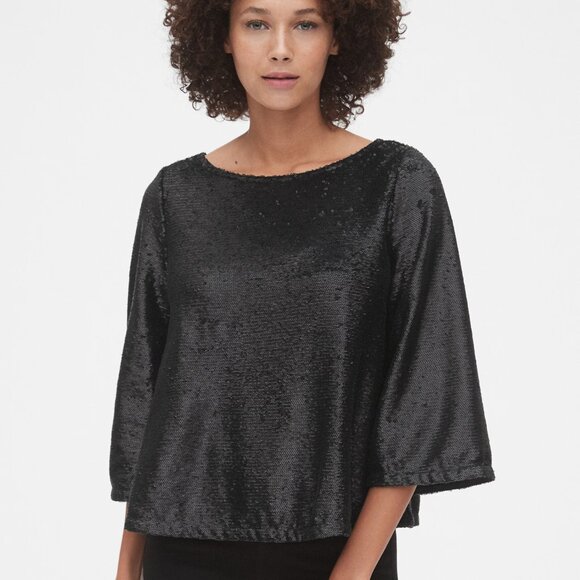 NWOT - GAP Three-Quarter Sleeve Sequin Top - L - True Black - Picture 1 of 6